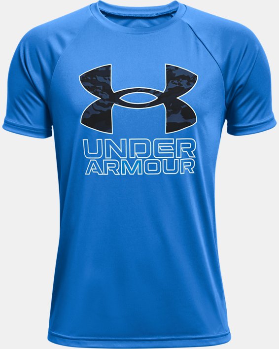 Boys' UA Tech™ Hybrid Print Fill Short Sleeve, Blue, pdpMainDesktop image number 0
